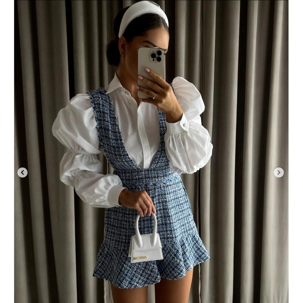 SOLD ZARA NEW WOMAN SS22 TEXTURED TWEED PINAFORE SKIRT Dress Medium BLUE - Picture 1 of 11